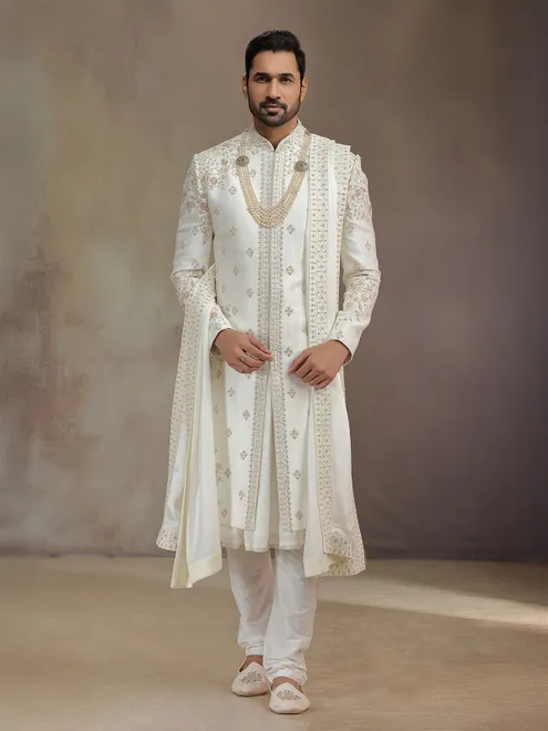 Cream peshwai silk sherwani with dupatta
