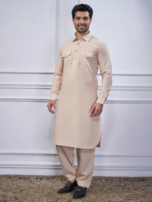 Cream plain pathani kurta suit for festive