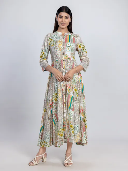 Cream printed cotton casual wear kurti with print
