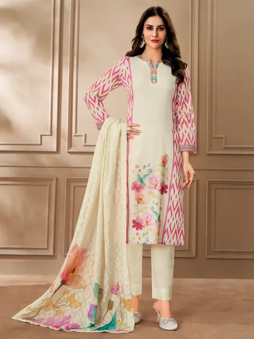 Cream printed cotton salwar suit