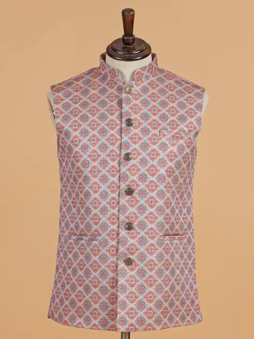 Cream printed cotton silk waistcoat in resham