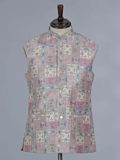 Cream printed cotton silk waistcoat with resham and sequins work