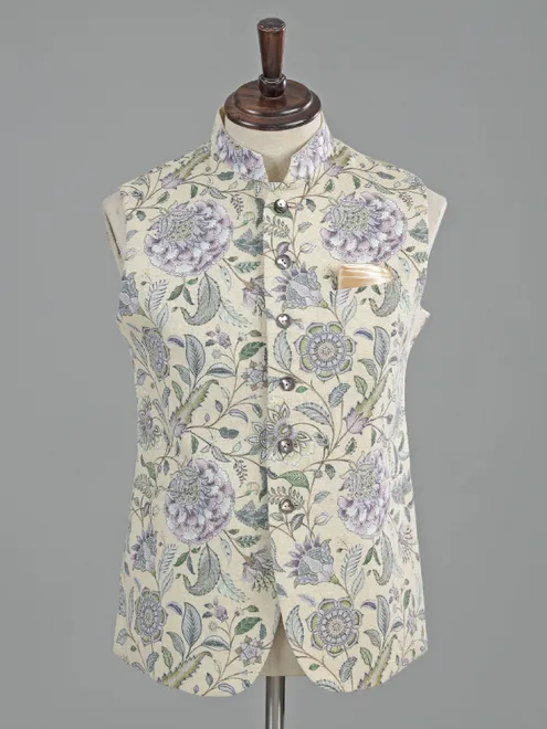 Cream printed cotton waistcoat for men