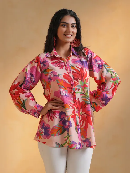 Cream printed crepe silk shirt for women