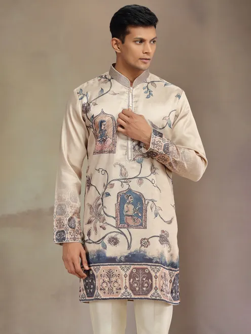 Cream printed festive wear tusser silk kurta pajama