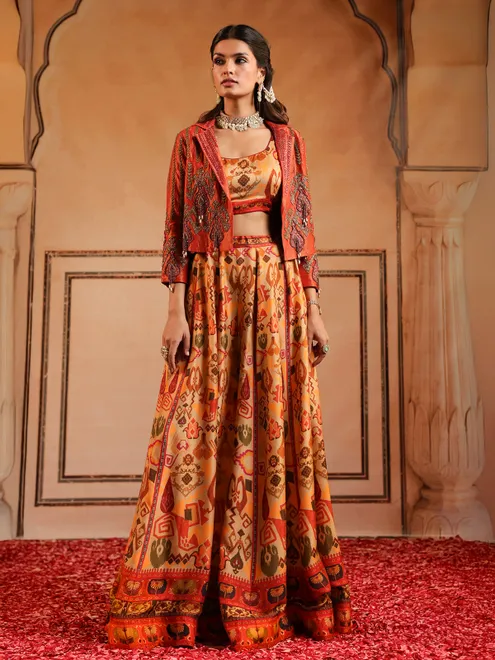 Cream printed jacket style palazzo suit