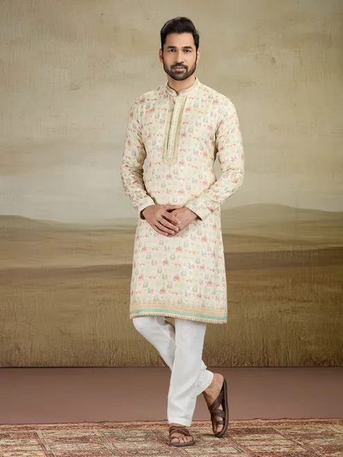 Cream printed kurta pajama set with zari work