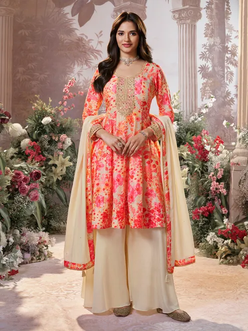 Cream printed salwar suit for women