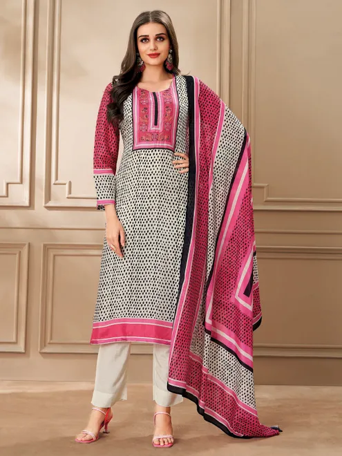 Cream printed salwar suit in soft dola silk