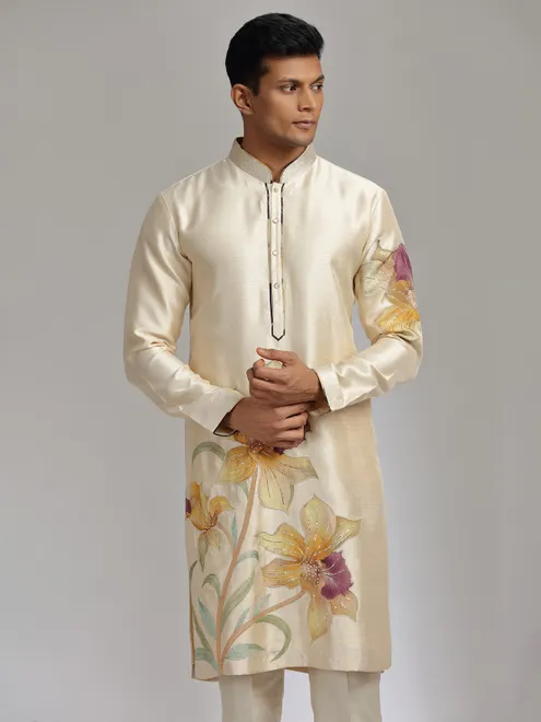 Cream printed tusser silk kurta pajama with sequins and beads