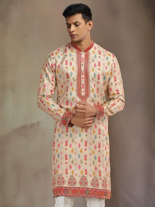 Cream printed silk kurta suit for festive wear