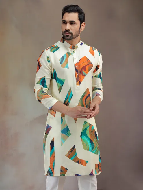 Cream printed silk kurta suit for men