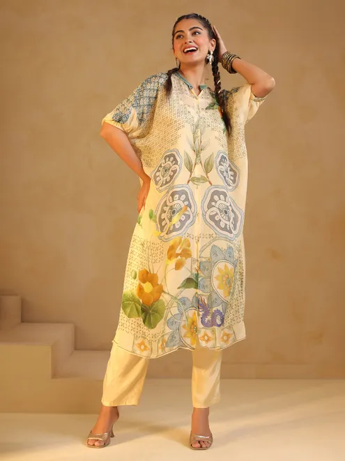 Cream printed silk kurti set with cutdana work