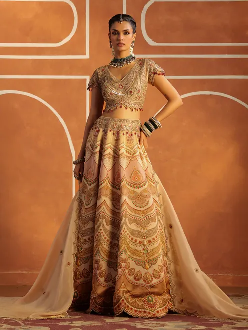 Cream printed silk lehenga choli with dupatta