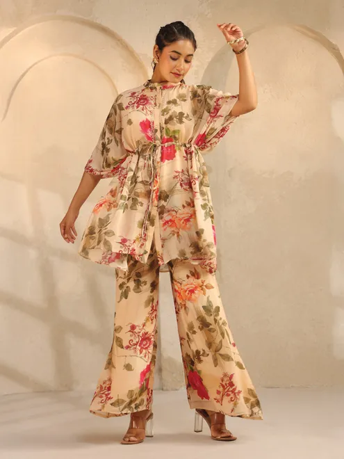 Cream printed silk palazzo co ord set with sequins detailing
