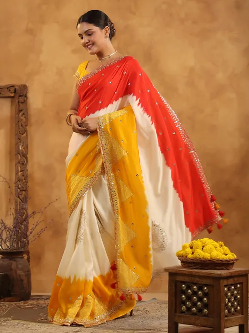 Cream printed silk saree for festive wear
