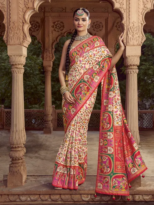 Cream printed silk saree for pooja