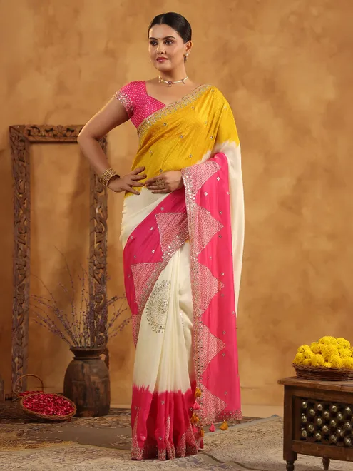Cream printed silk saree with aabla and resham work
