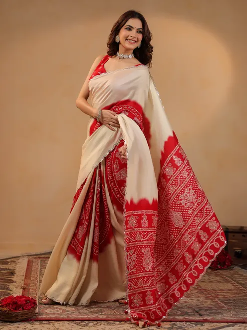 Cream printed silk saree with aabla highlights