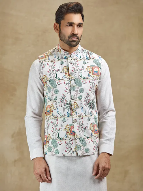 Cream printed silk waistcoat set festive ethnic wear