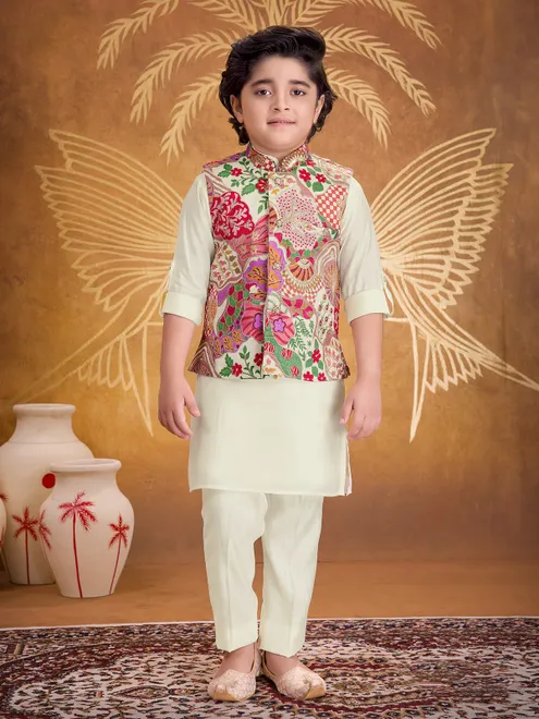 Cream printed silk waistcoat set with resham detailing