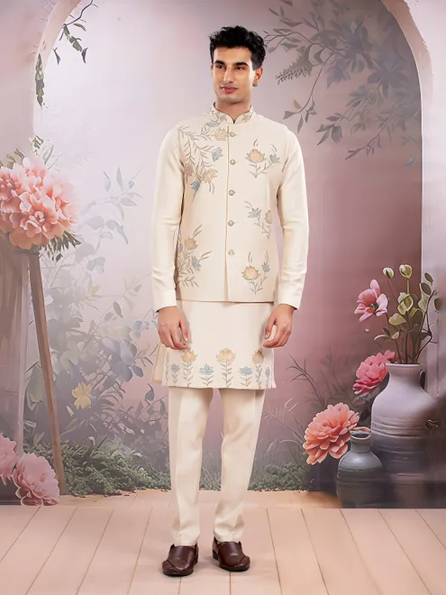 Cream printed silk waistcoat set with sequins work