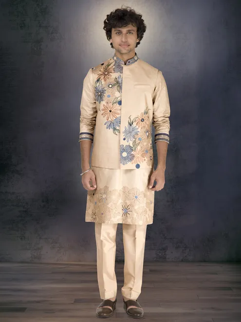 Cream pure munga silk floral printed waistcoat set