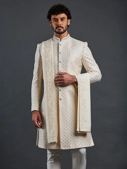Cream raw silk groom style sherwani