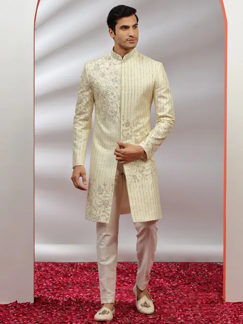 Cream raw silk groom wear sherwani for men