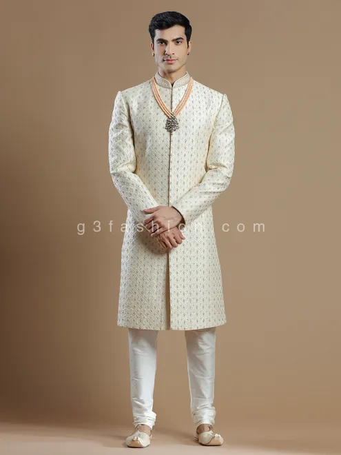Cream raw silk men sherwani for groom wear