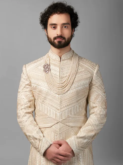 Cream raw silk peshwai style sherwani