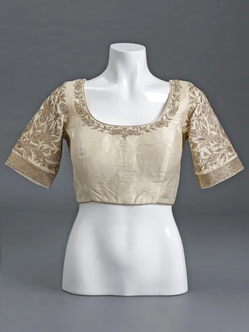 Cream raw silk round neck half sleeve blouse