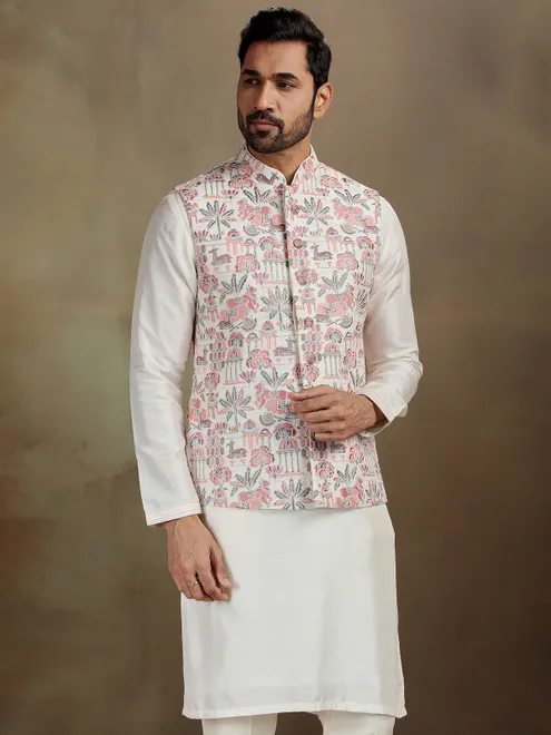Cream raw silk stone work waistcoat set