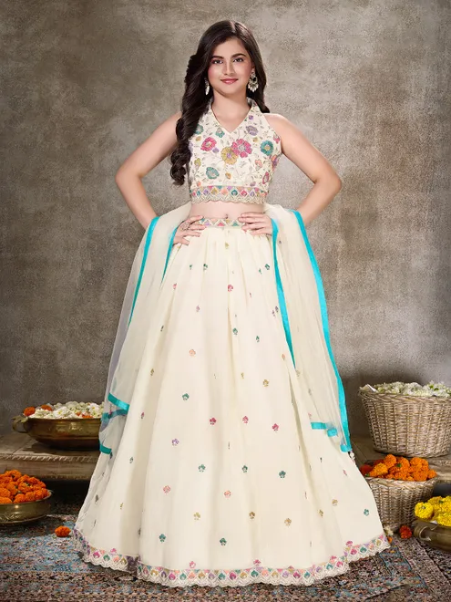 Cream reception wear girls lehenga choli