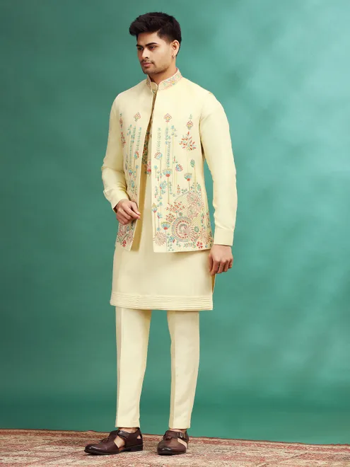 Cream reception wear silk waistcoat set with embroidery