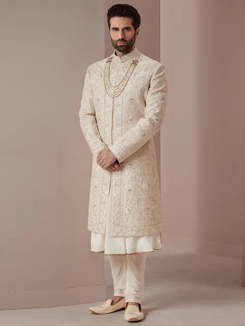 Cream rich raw silk groom and wedding sherwani
