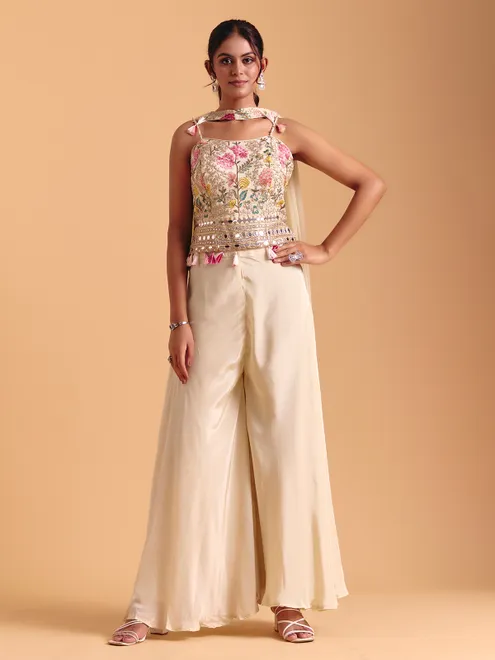 Cream satin silk palazzo suit with dupatta