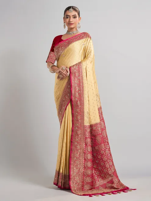 Cream satin silk saree with elegant zari weaving for weddings