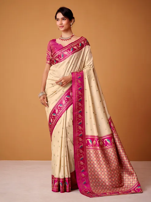 Cream satin silk saree with gorgeous pink border