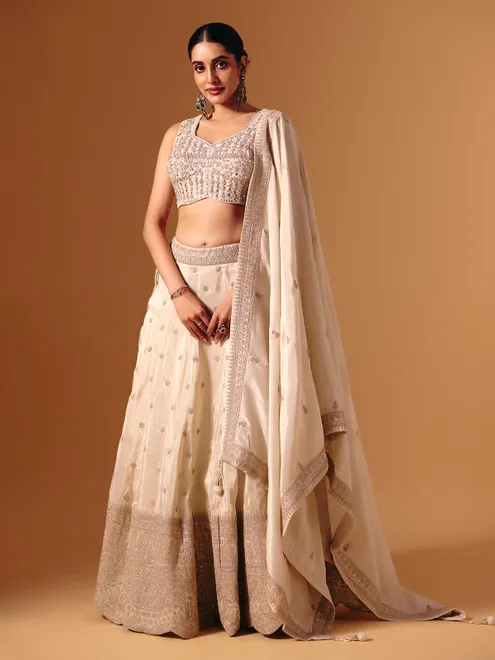 Cream silk aabla work festive lehenga choli