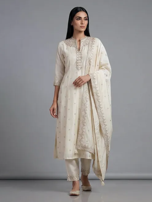 Cream silk anarkali style festive salwar suit