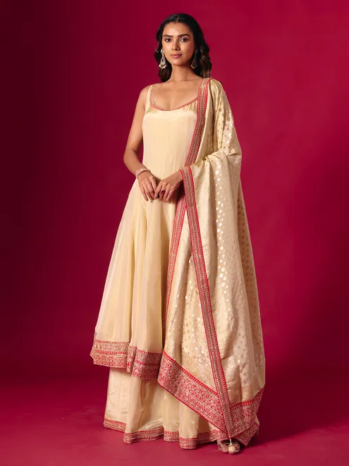 Cream silk cutdana work palazzo suit