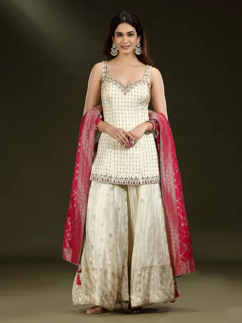 Cream silk embellished palazzo salwar suit
