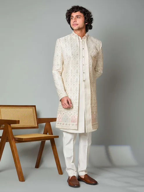 Cream satin silk embroidered work indowestern set