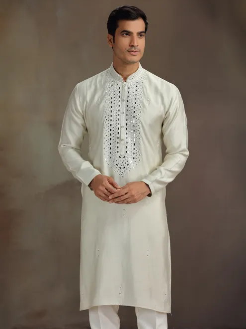 Cream silk mirror work kurta suit for festive