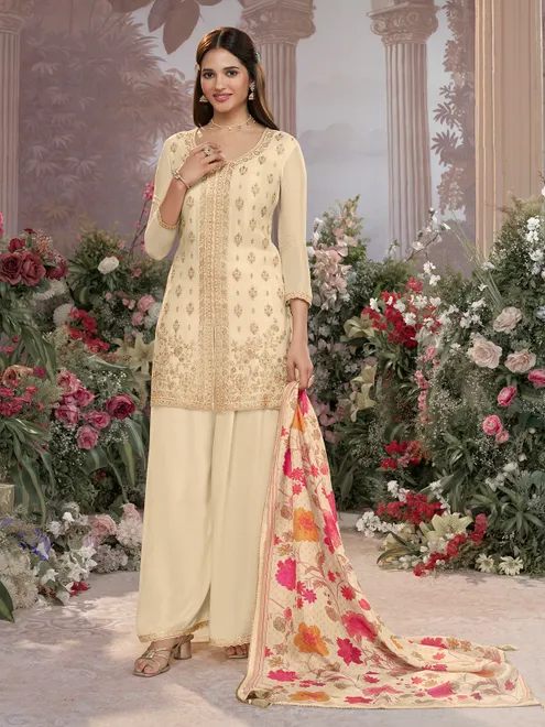 Cream silk festive wear palazzo suit with printed dupatta