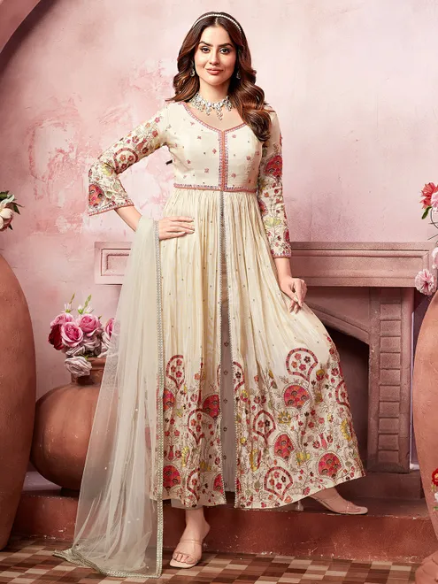 Cream silk festive wear salwar suit for women
