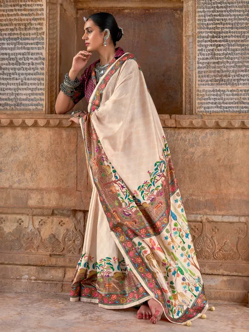 Cream silk festive wear saree with print