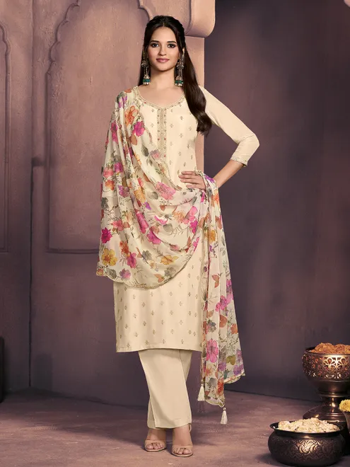 Cream silk floral festive pant ensemble