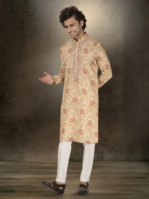 Cream silk floral printed festive wear kurta suit